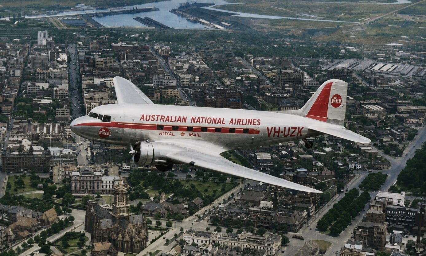 Vintage silver airliner with red stripe reading 'AUSTRALIAN NATIONAL AIRLINES' over a city, registration VH-UZK, early jet era styling with a cathedral visible below.