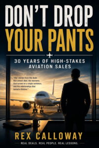 Book cover: man in suit stands by airport window, airplane on tarmac at sunset; title 'Don’t Drop Your Pants' in large white and gold letters; author Rex Calloway beneath.