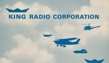 Blue silhouettes of airplanes and a helicopter flying in a cloudy sky, with 'KING RADIO CORPORATION' branding and the slogan 'Builders of TOMORROW'S Aircraft Equipment TODAY!'