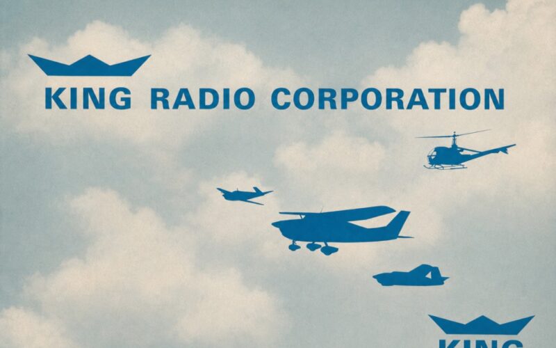 Blue silhouettes of airplanes and a helicopter flying in a cloudy sky, with 'KING RADIO CORPORATION' branding and the slogan 'Builders of TOMORROW'S Aircraft Equipment TODAY!'