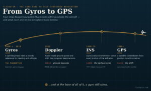 Infographic timeline 'From Gyros to GPS' with milestones: Gyros, Doppler, INS, GPS and an airplane icon on the right.